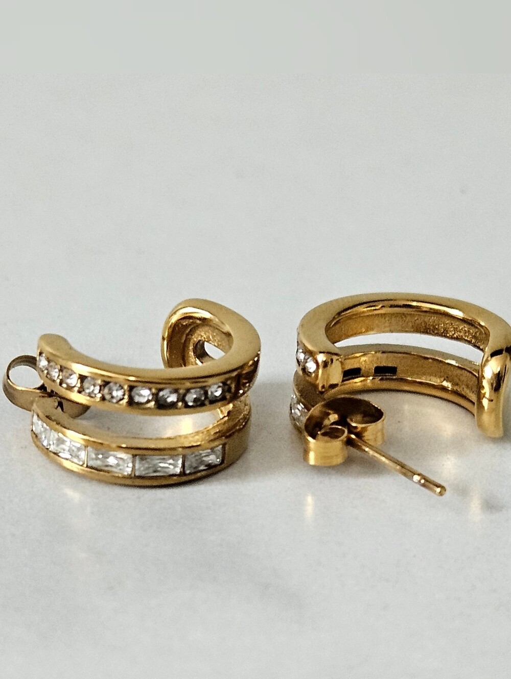 18K Gold Plated Stainless Steel Double Layer C Shape CZ Hypoallergenic Earrings